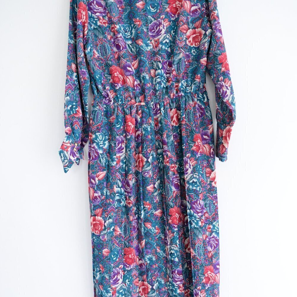 Vintage Schrader Teal Purple Floral Button Front Pleated Maxi Retro 80s Dress 18 - Picture 11 of 14